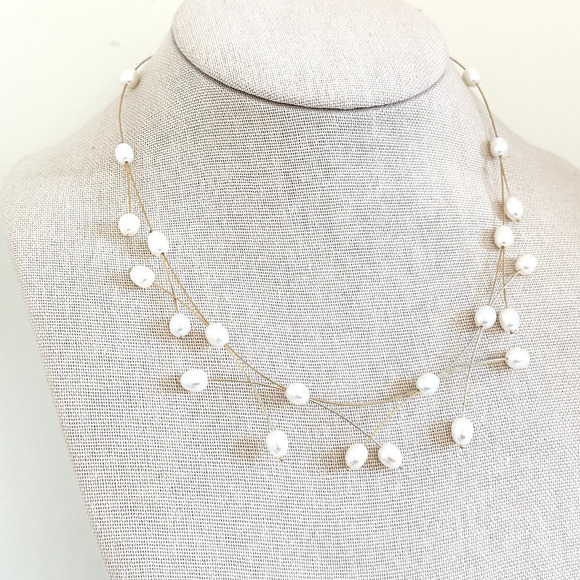 ZRW Israel Designer 14K Solid Yellow Gold Criss Cross Wire Pearl Necklace 17" - Picture 3 of 16